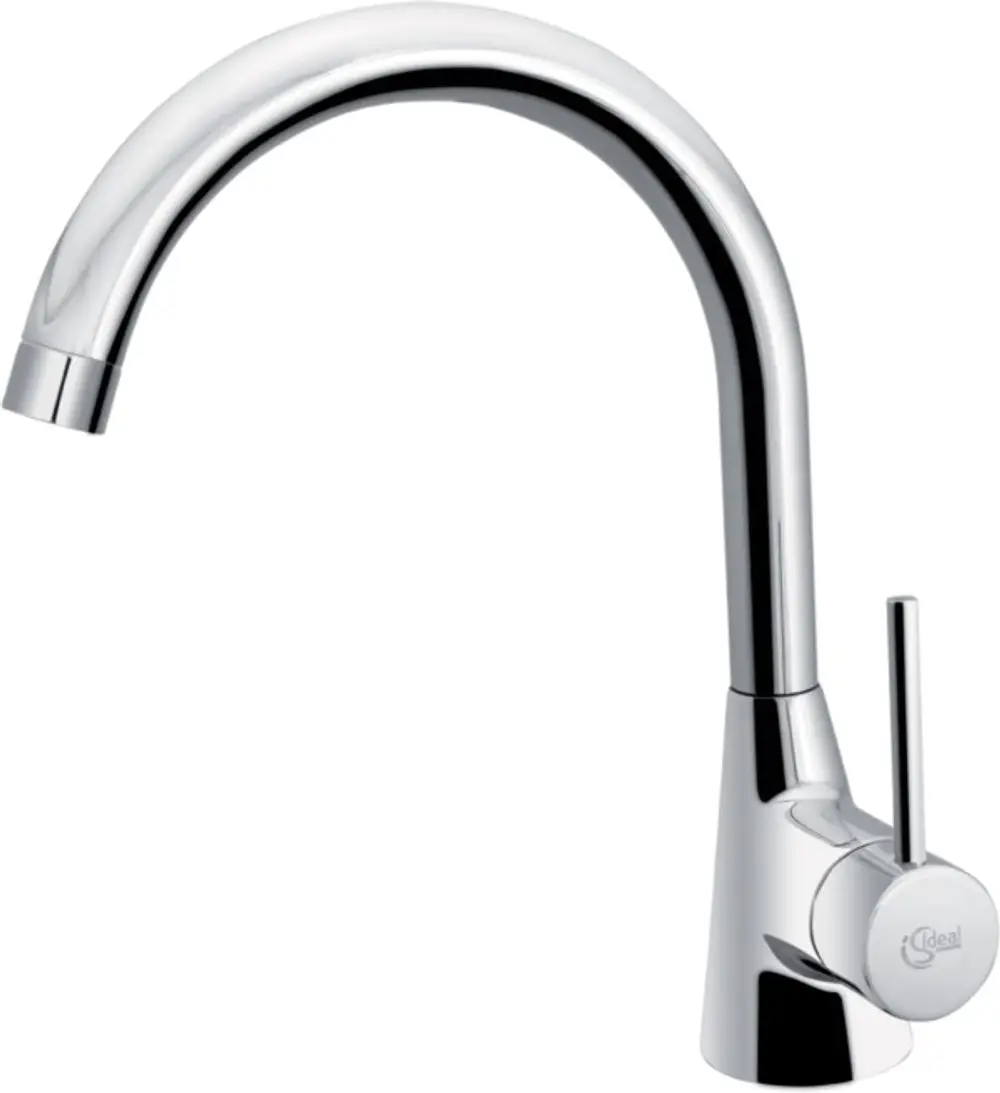 Chromfarbene Küchenarmatur von Ideal Standard mit einem seitlichen Hebel zur Regelung des Wasserflusses. Geeignet für die Montage vor Fenstern.